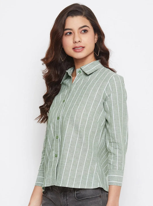 Women Formal Linen Green Even Striped Shirt - ModaLady