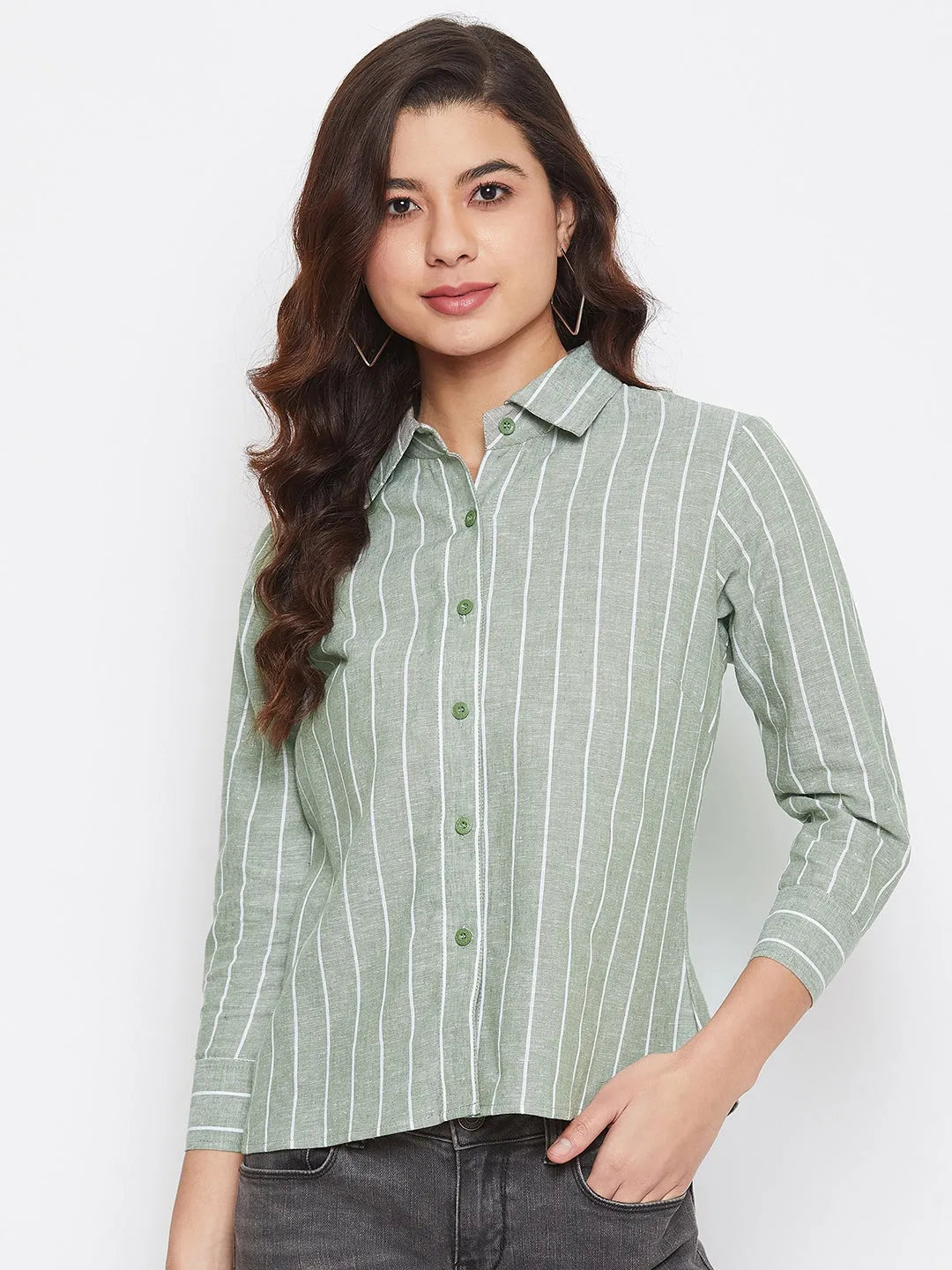 Women Formal Linen Green Even Striped Shirt - ModaLady