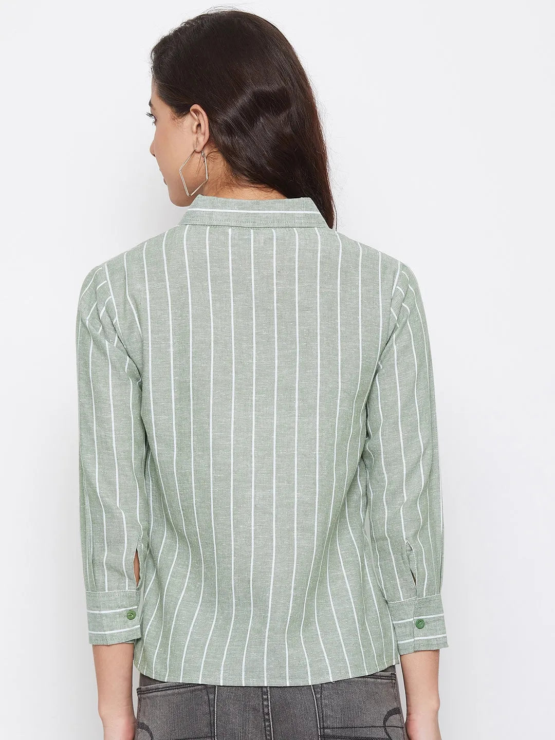 Women Formal Linen Green Even Striped Shirt - ModaLady