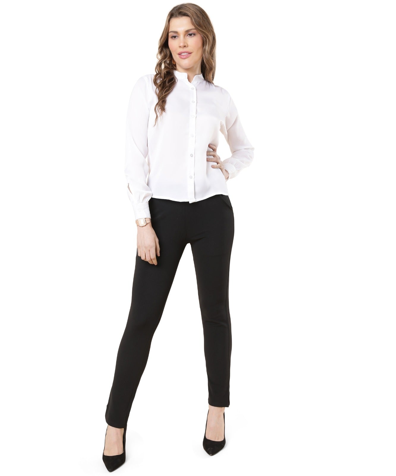 Women Formal Mandarin Collar Shirt - White