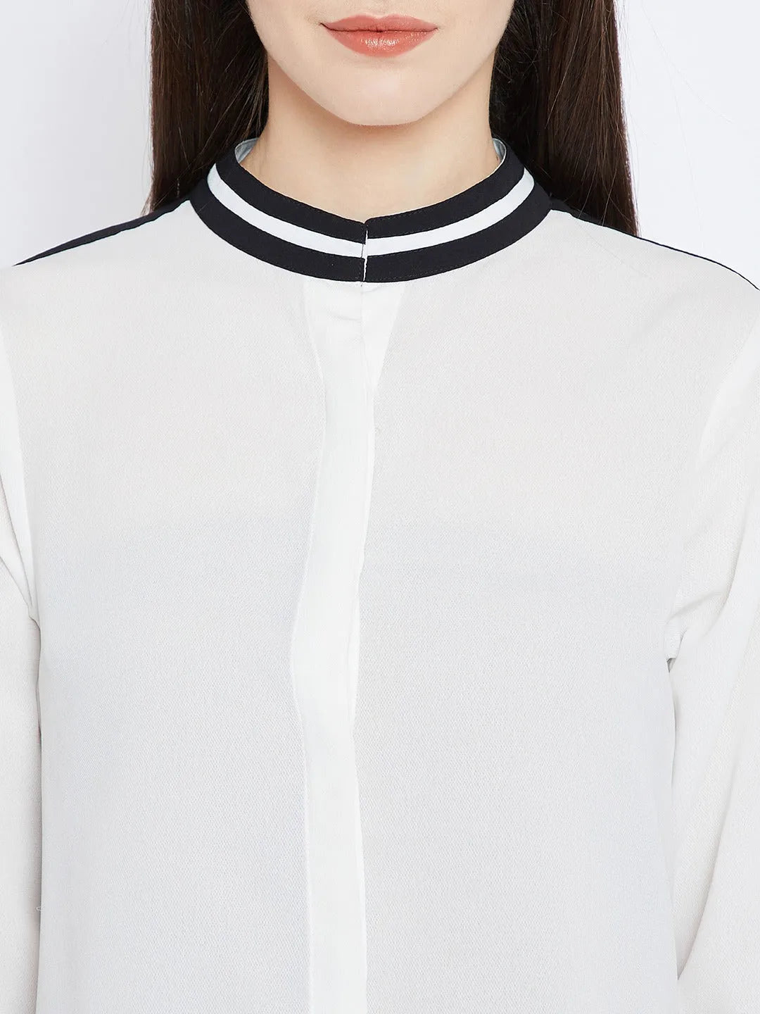 Women Formal Mandarin Collar Shirt with Black Lining- White - ModaLady