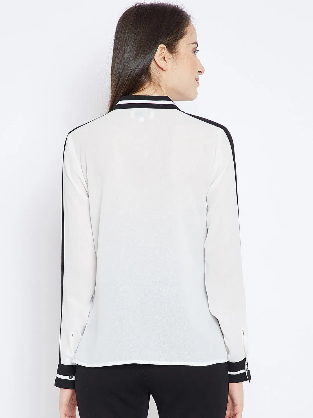 Women Formal Mandarin Collar Shirt with Black Lining- White - ModaLady