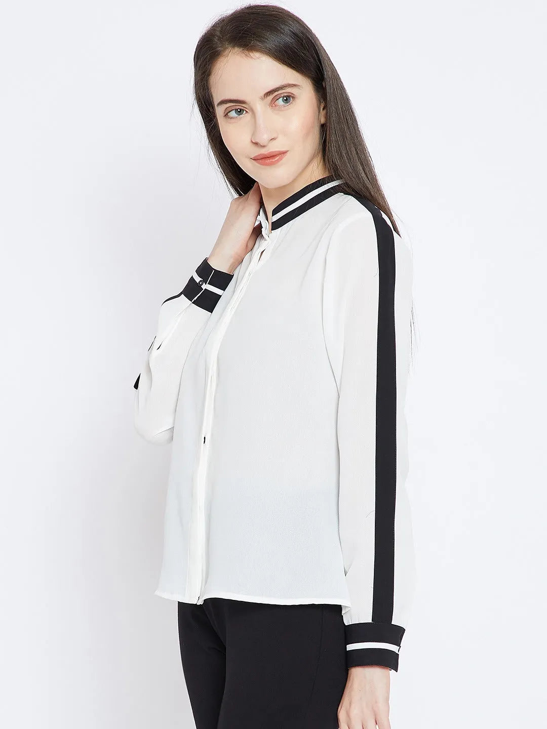 Women Formal Mandarin Collar Shirt with Black Lining- White - ModaLady