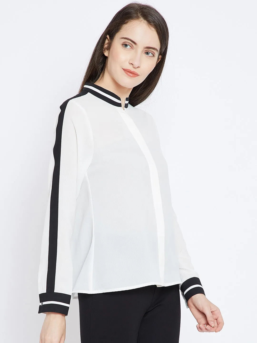 Women Formal Mandarin Collar Shirt with Black Lining- White - ModaLady