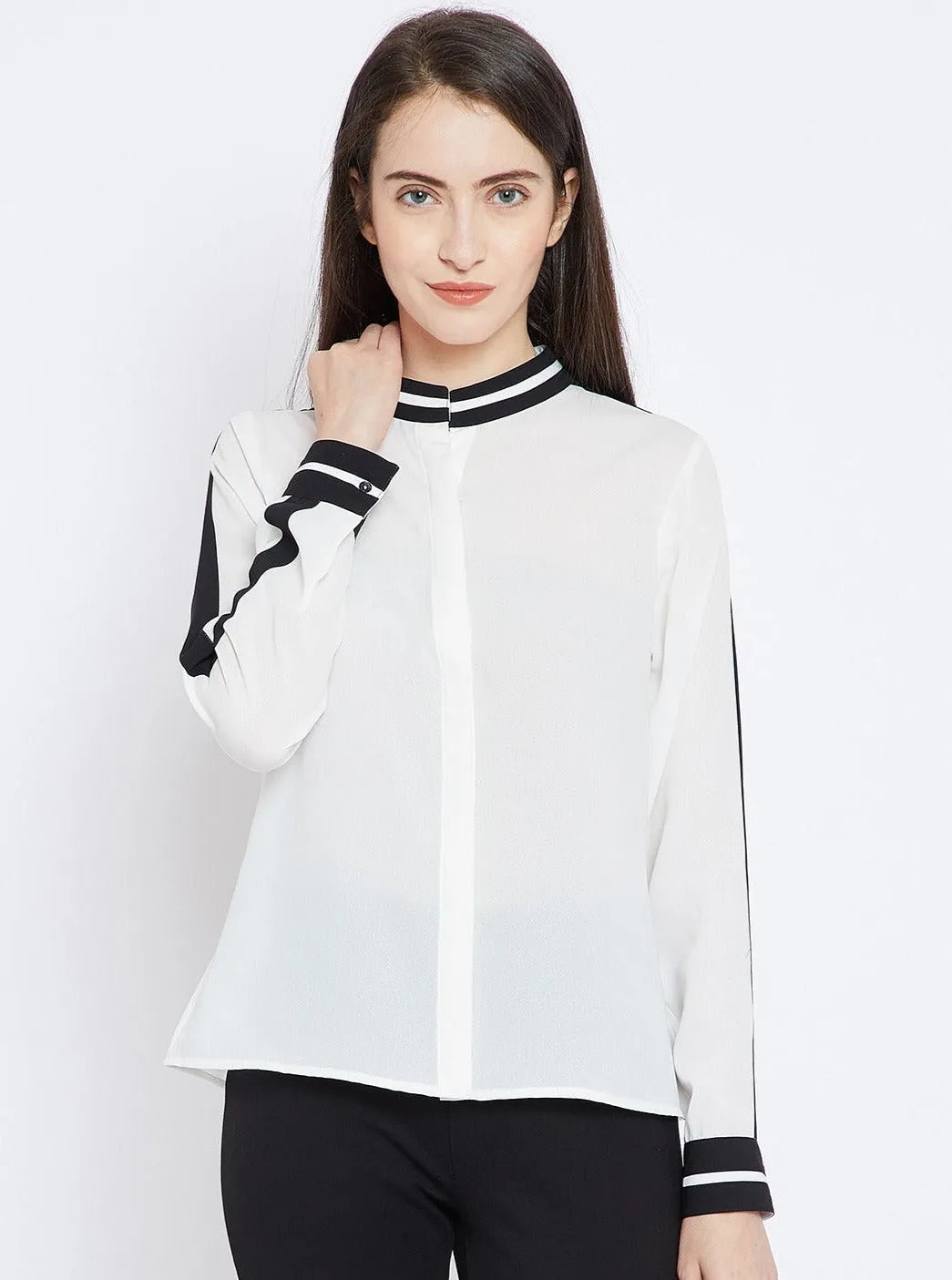 Women Formal Mandarin Collar Shirt with Black Lining- White - ModaLady