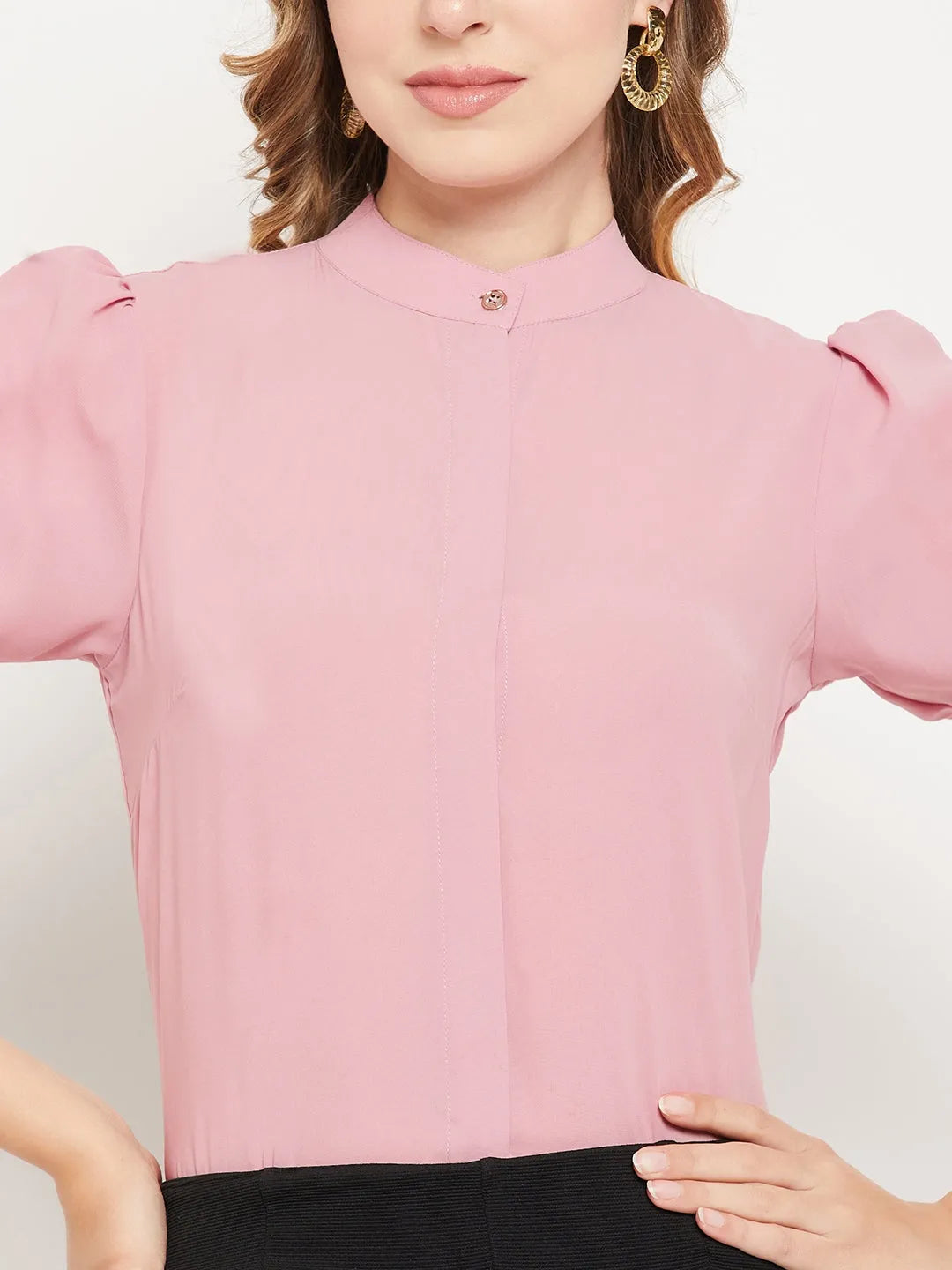 Women Formal Pink Puff Sleeves Shirt Style Top - ModaLady