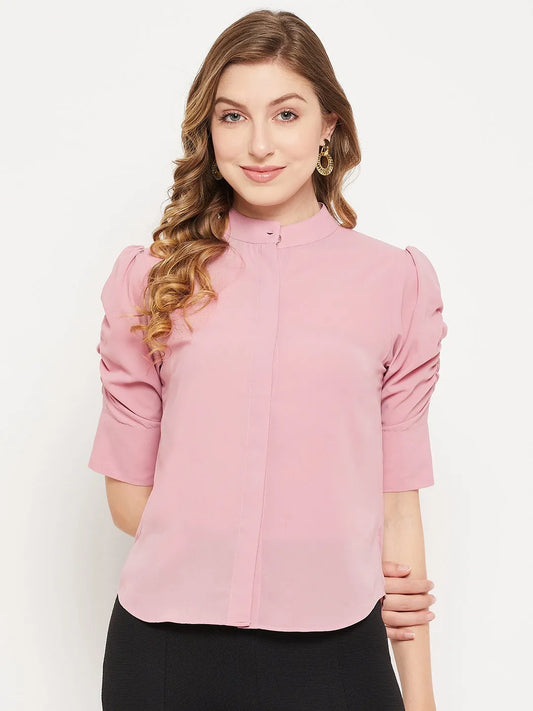 Women Formal Pink Puff Sleeves Shirt Style Top - ModaLady