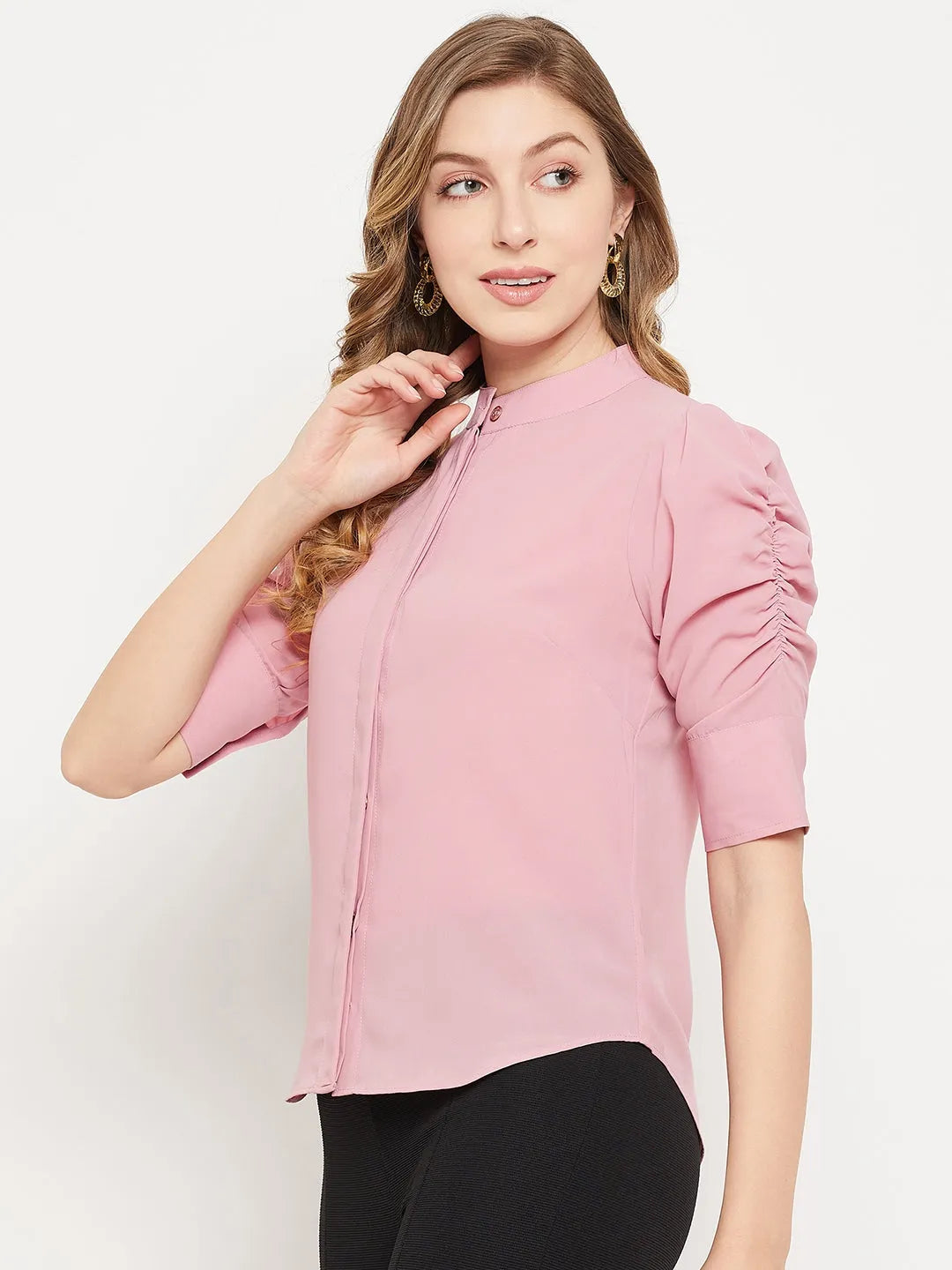 Women Formal Pink Puff Sleeves Shirt Style Top - ModaLady