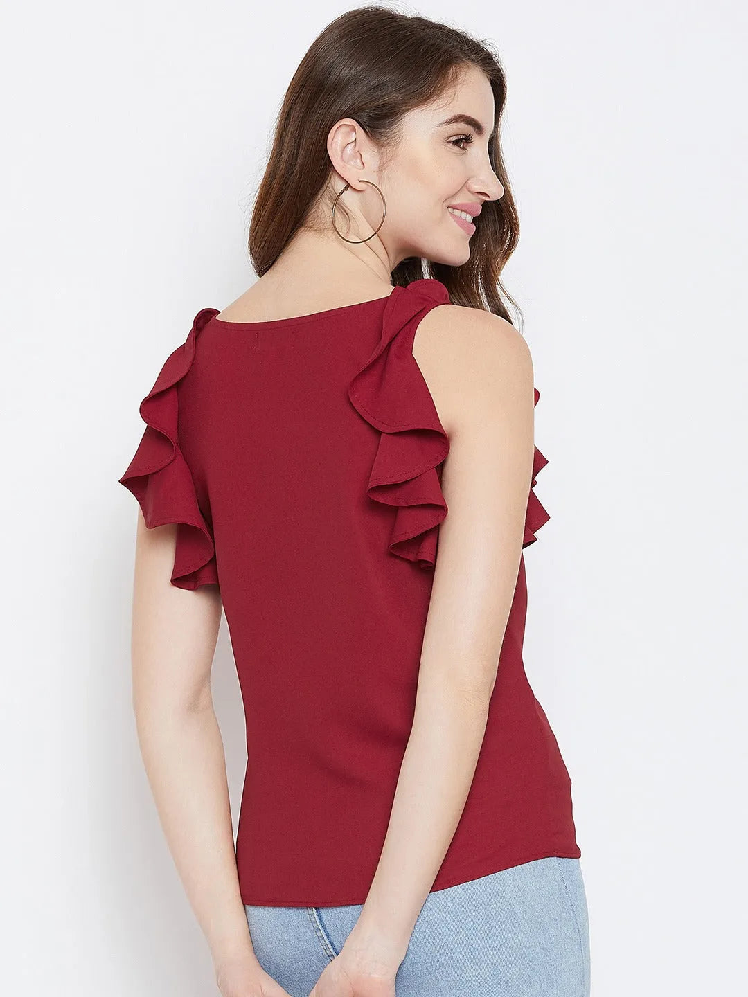 Women Formal Red Shirt Style Top - Ruffle Sleeves - ModaLady