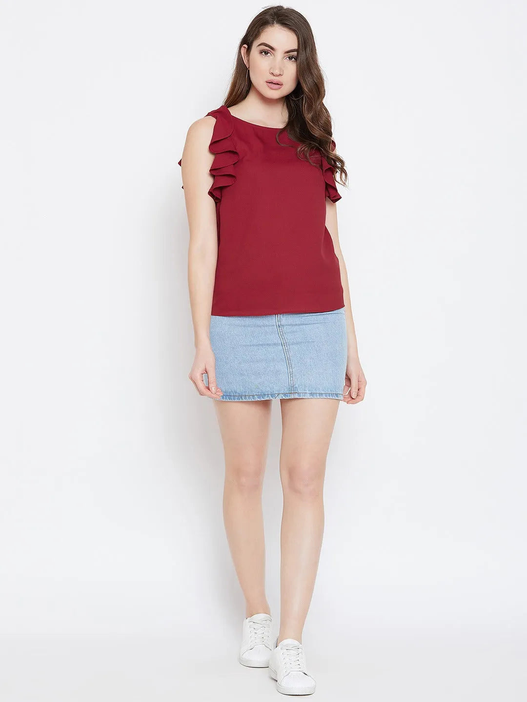 Women Formal Red Shirt Style Top - Ruffle Sleeves - ModaLady