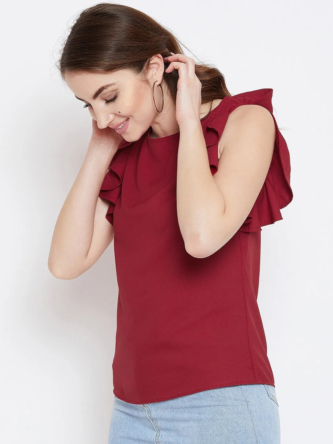 Women Formal Red Shirt Style Top - Ruffle Sleeves - ModaLady