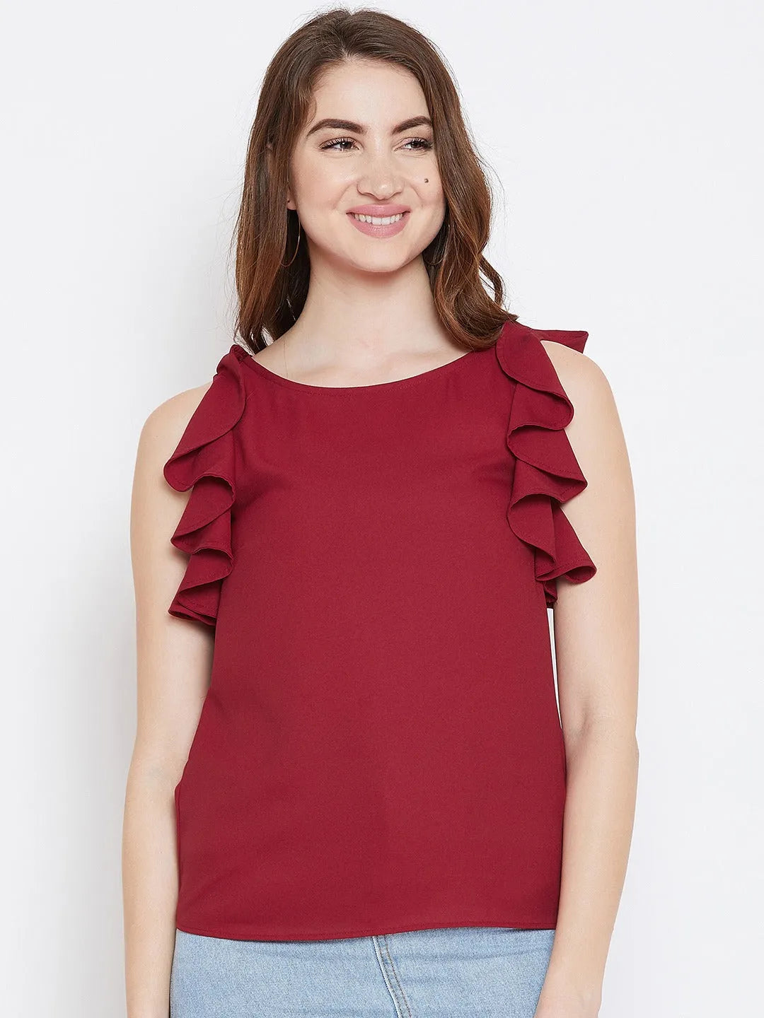 Women Formal Red Shirt Style Top - Ruffle Sleeves - ModaLady