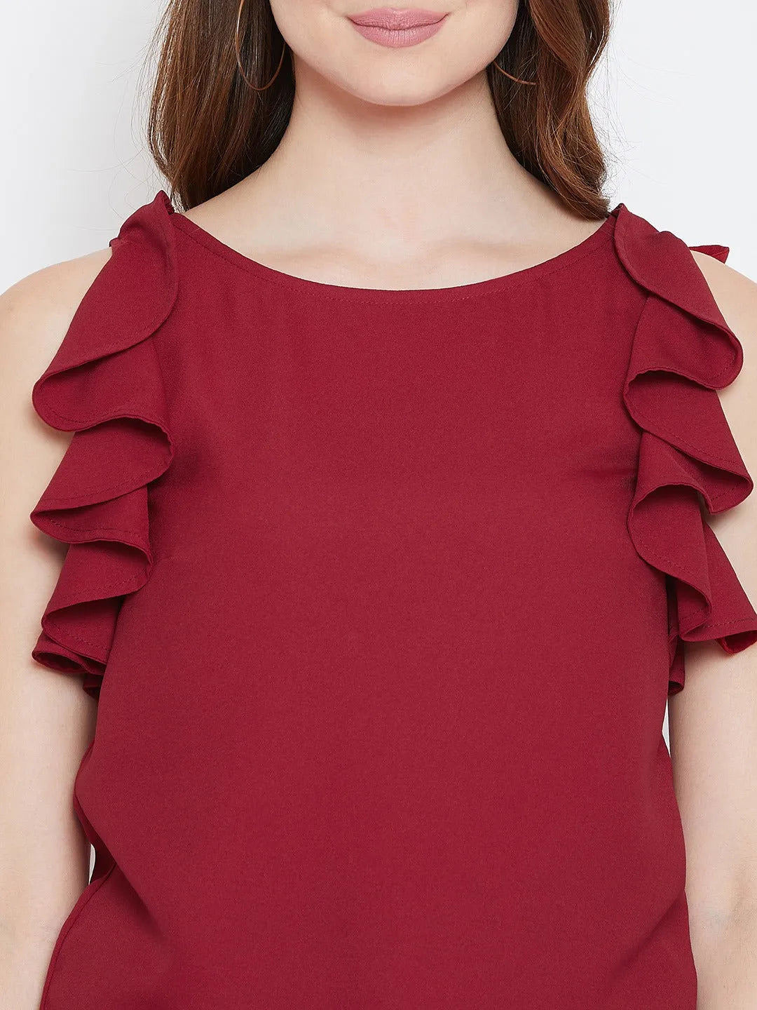 Women Formal Red Shirt Style Top - Ruffle Sleeves - ModaLady