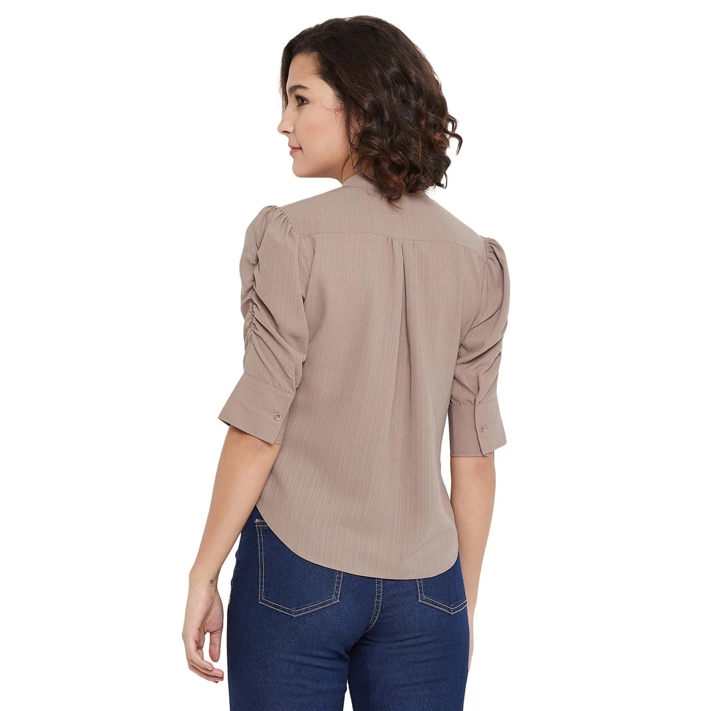 Women Formal Taupe Puff Sleeves Shirt Style Top - ModaLady