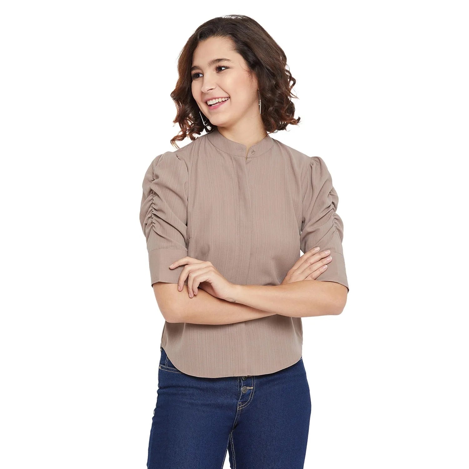 Women Formal Taupe Puff Sleeves Shirt Style Top - ModaLady