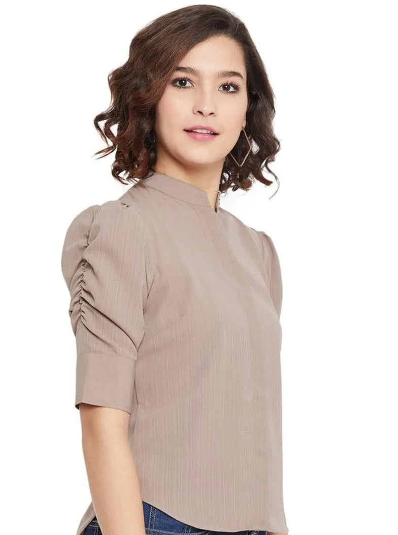 Women Formal Taupe Puff Sleeves Shirt Style Top - ModaLady