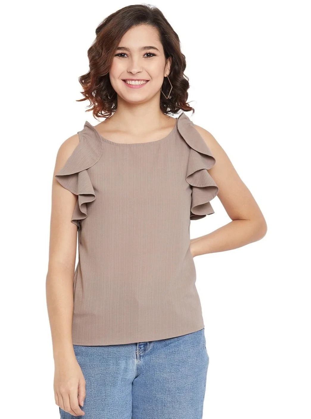 Women Formal Taupe Shirt Style Top - Ruffle Sleeves - ModaLady