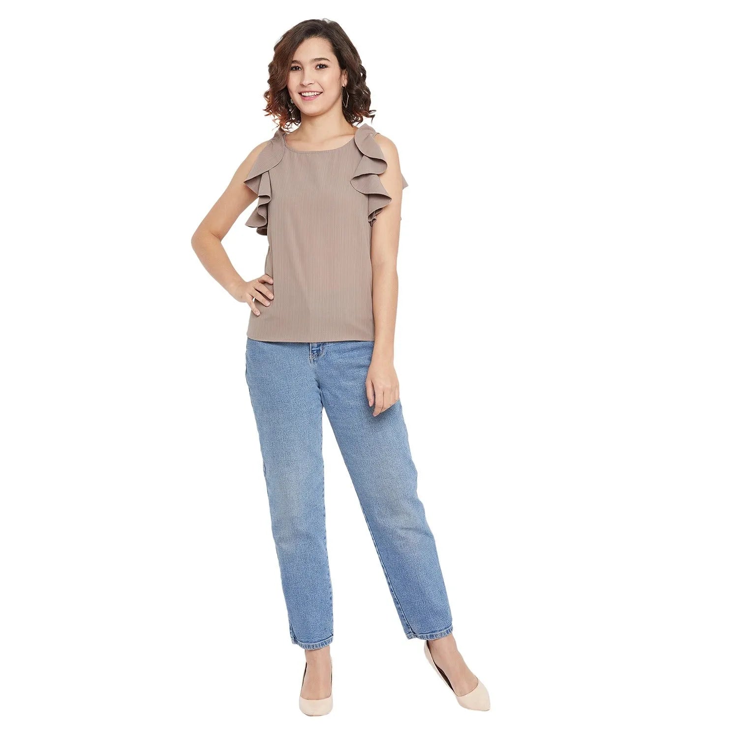 Women Formal Taupe Shirt Style Top - Ruffle Sleeves - ModaLady