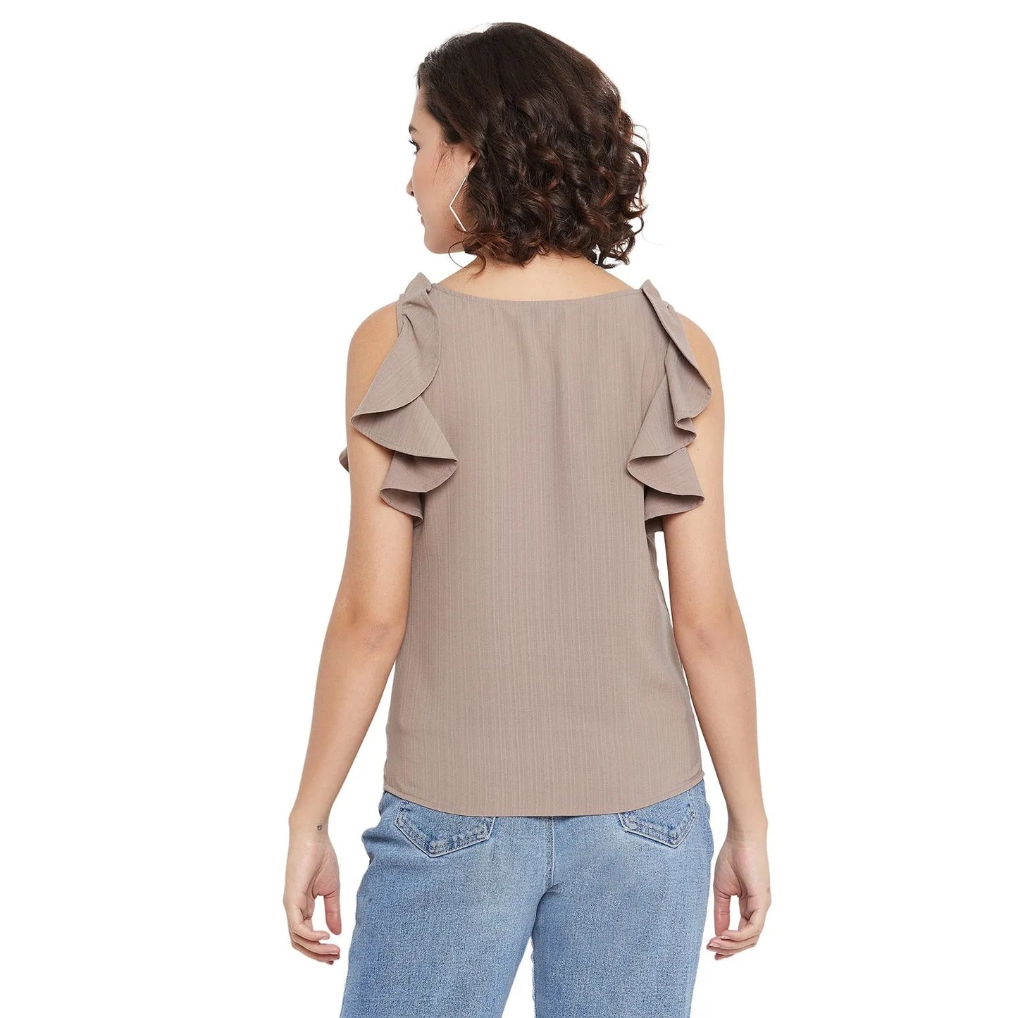 Women Formal Taupe Shirt Style Top - Ruffle Sleeves - ModaLady