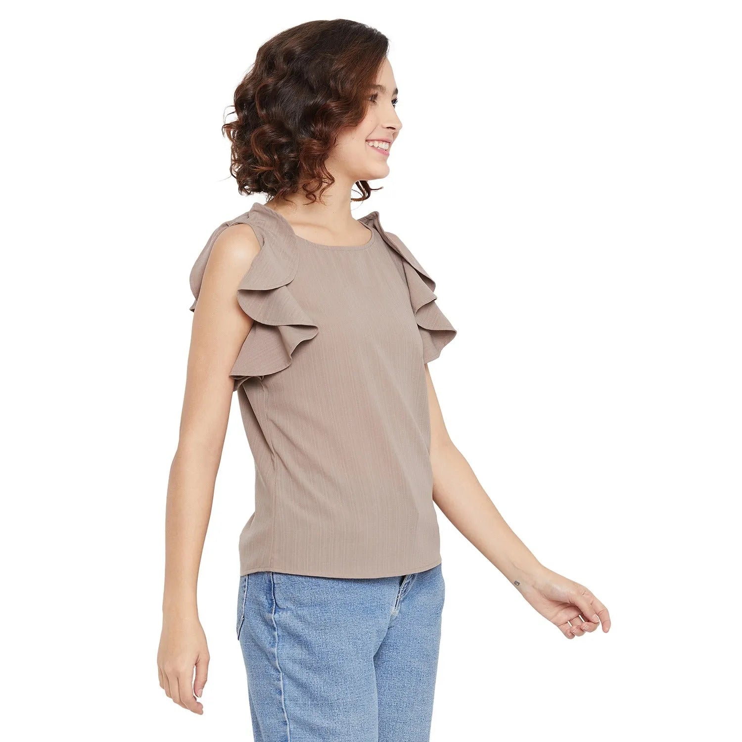 Women Formal Taupe Shirt Style Top - Ruffle Sleeves - ModaLady