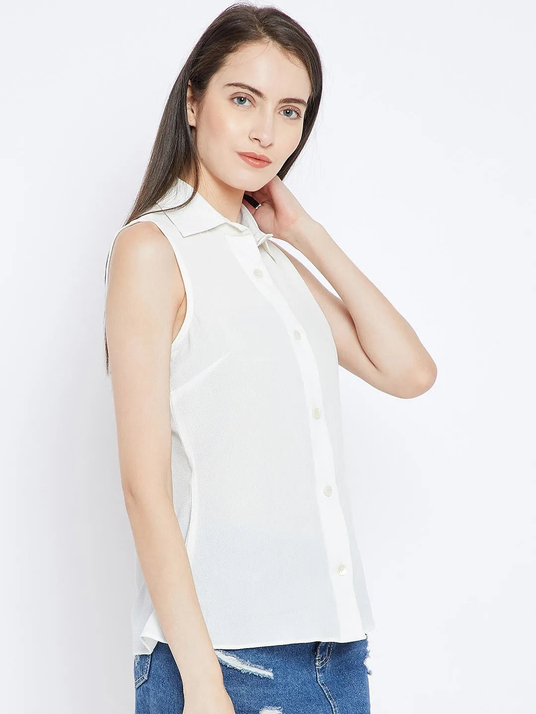 Women Formal White Collar Sleeveless Shirt - ModaLady