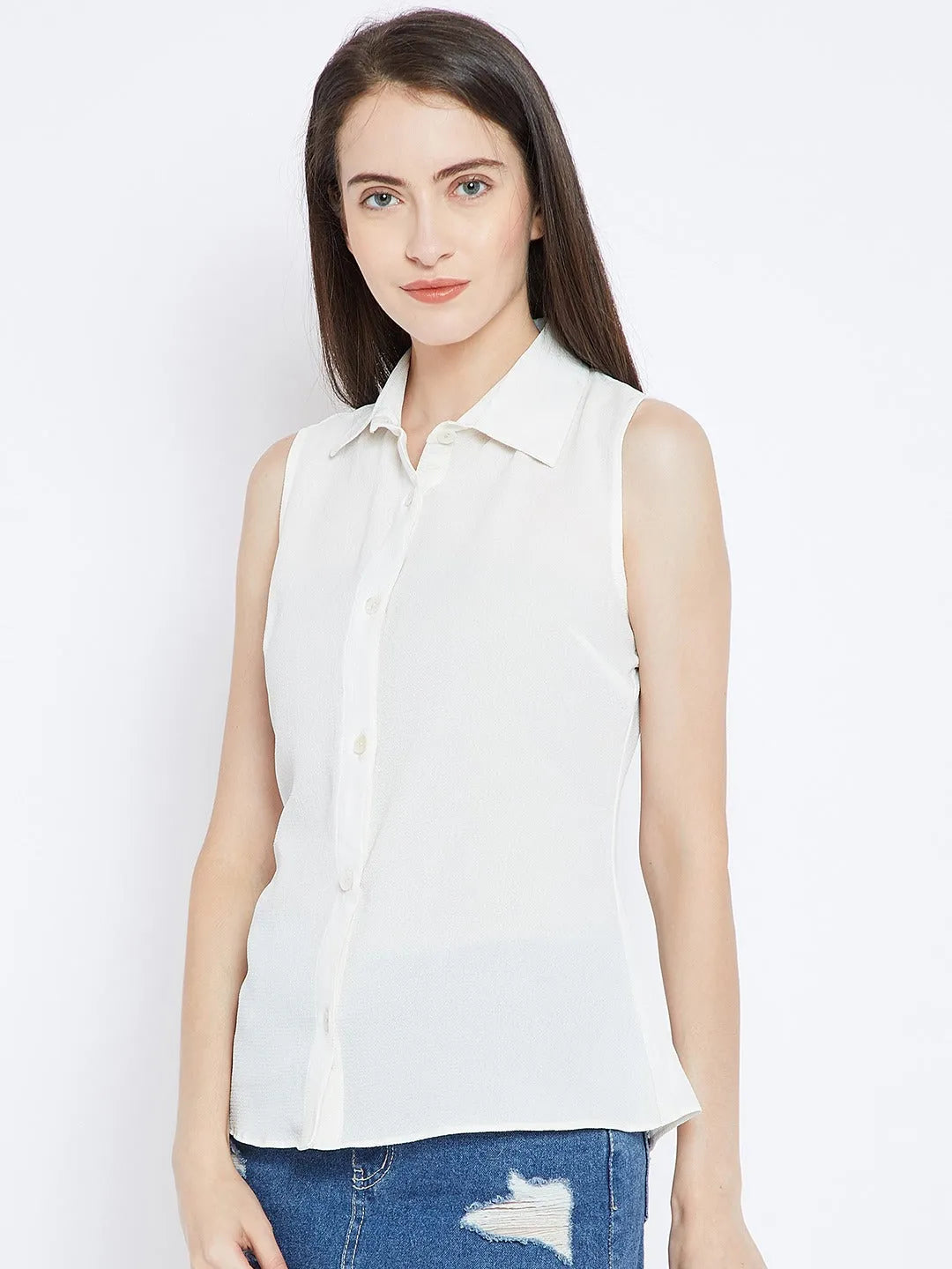 Women Formal White Collar Sleeveless Shirt - ModaLady