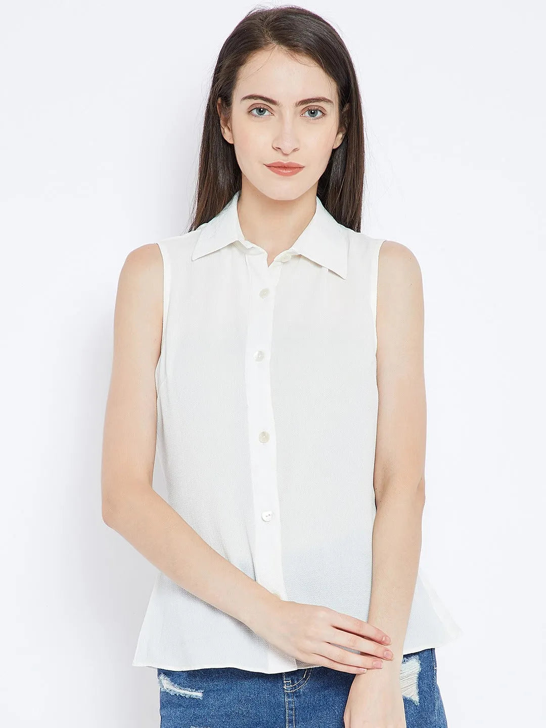 Women Formal White Collar Sleeveless Shirt - ModaLady