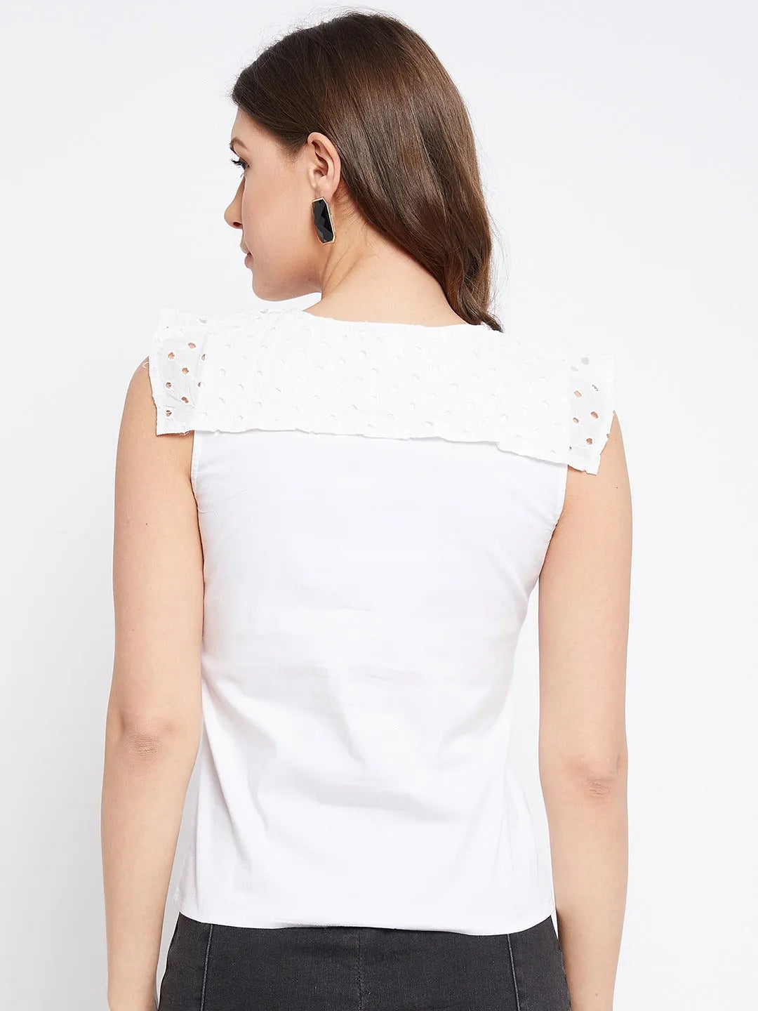 Women Formal White Schiffli Collar V Neck Shirt Style Top - ModaLady