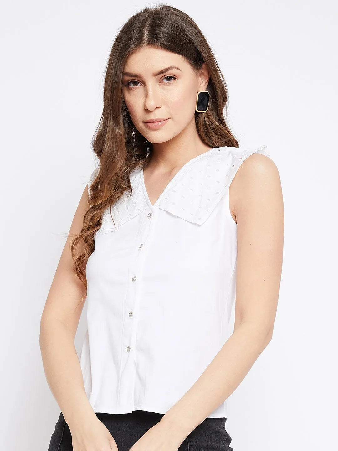 Women Formal White Schiffli Collar V Neck Shirt Style Top - ModaLady