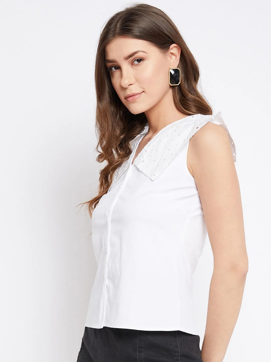 Women Formal White Schiffli Collar V Neck Shirt Style Top - ModaLady