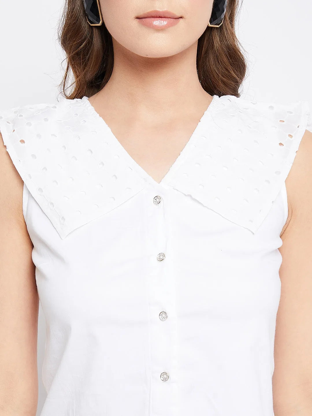 Women Formal White Schiffli Collar V Neck Shirt Style Top - ModaLady