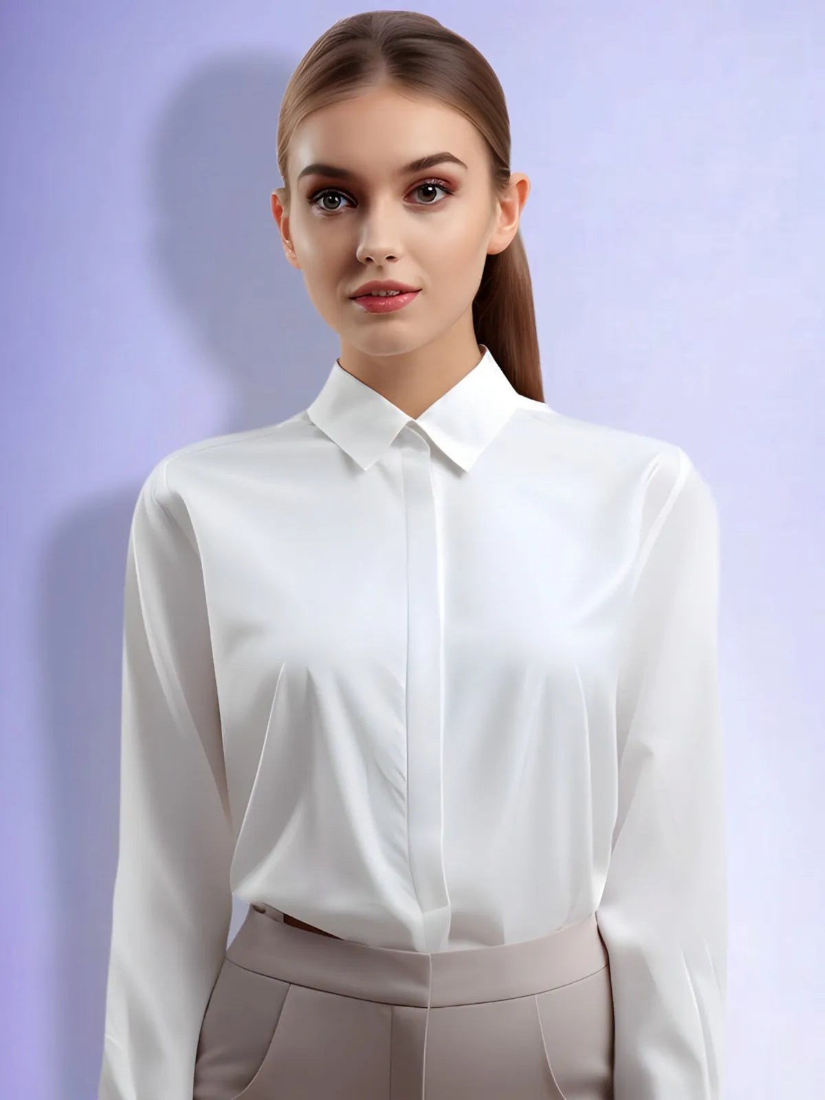 Women Formal Hidden Button Down Slim Shirt - ModaLady