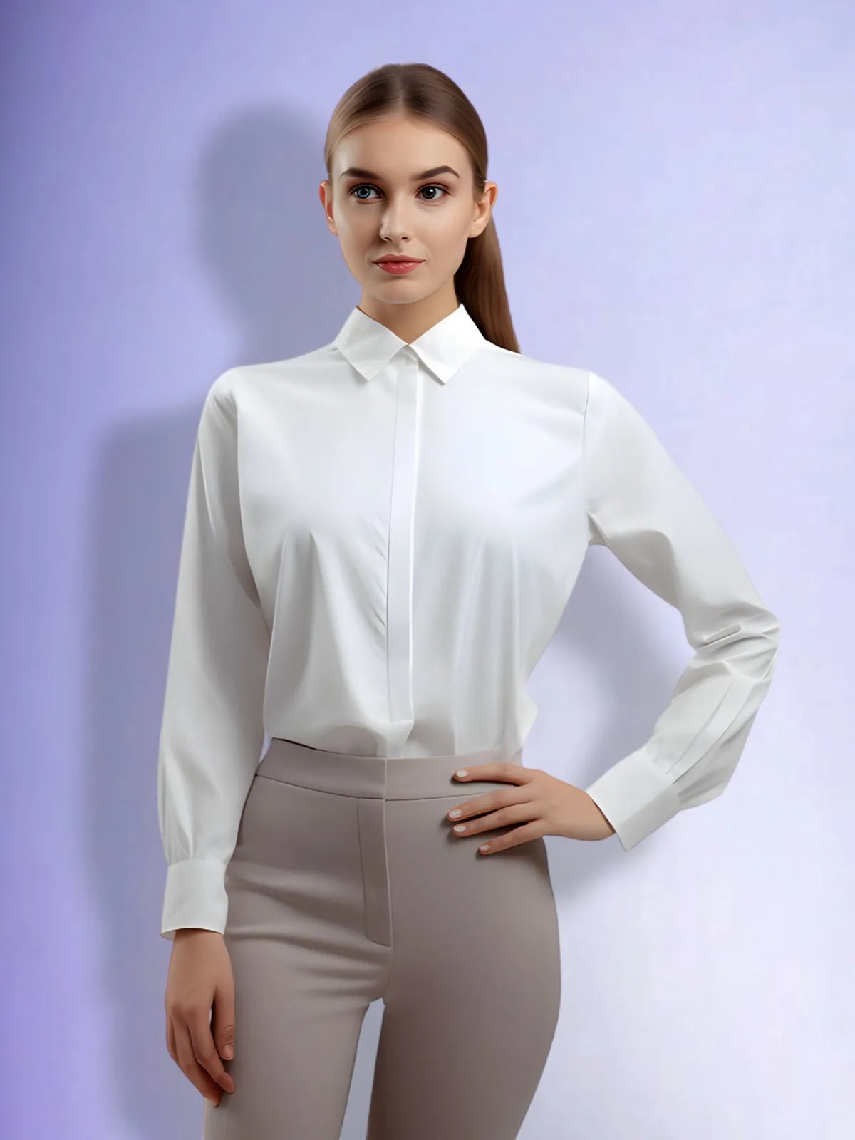 Women Formal Hidden Button Down Slim Shirt - ModaLady