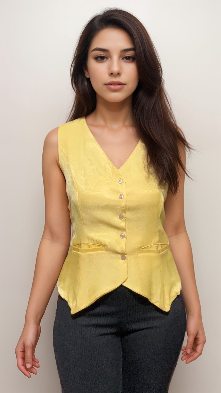 Women Formal Yellow V-Neck Panelled Waistcoat