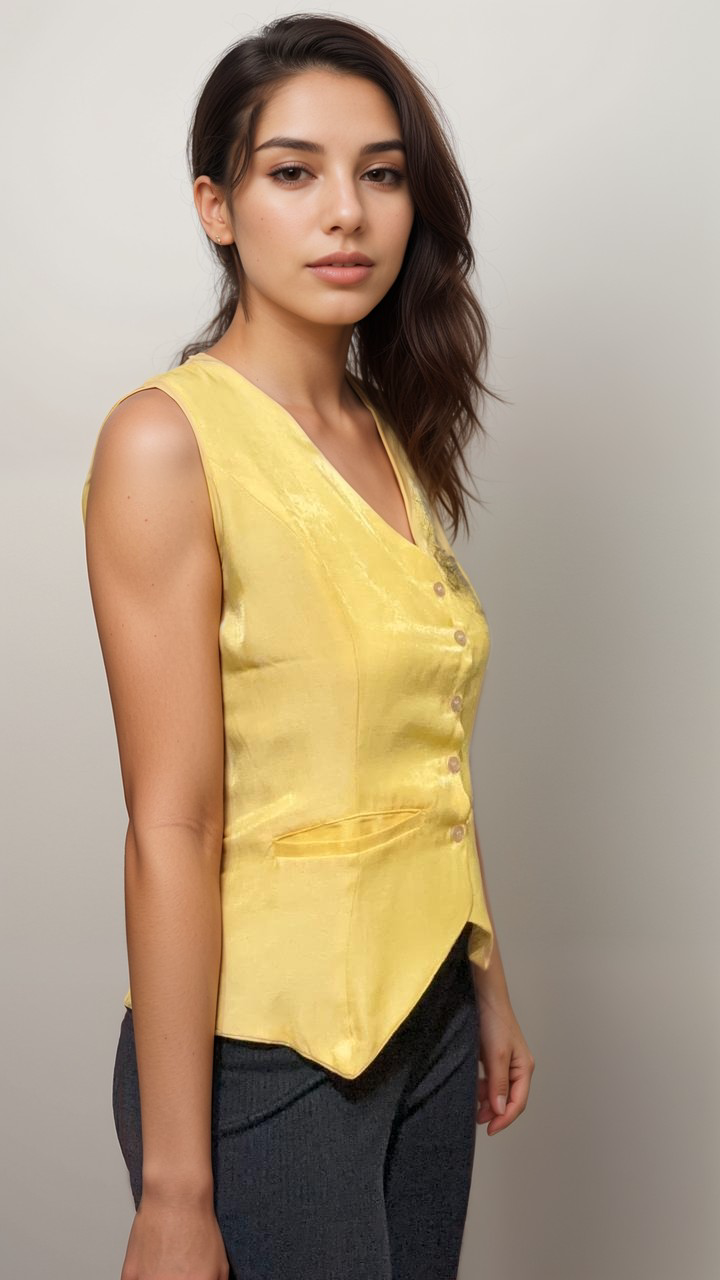 Women Formal Yellow V-Neck Panelled Waistcoat