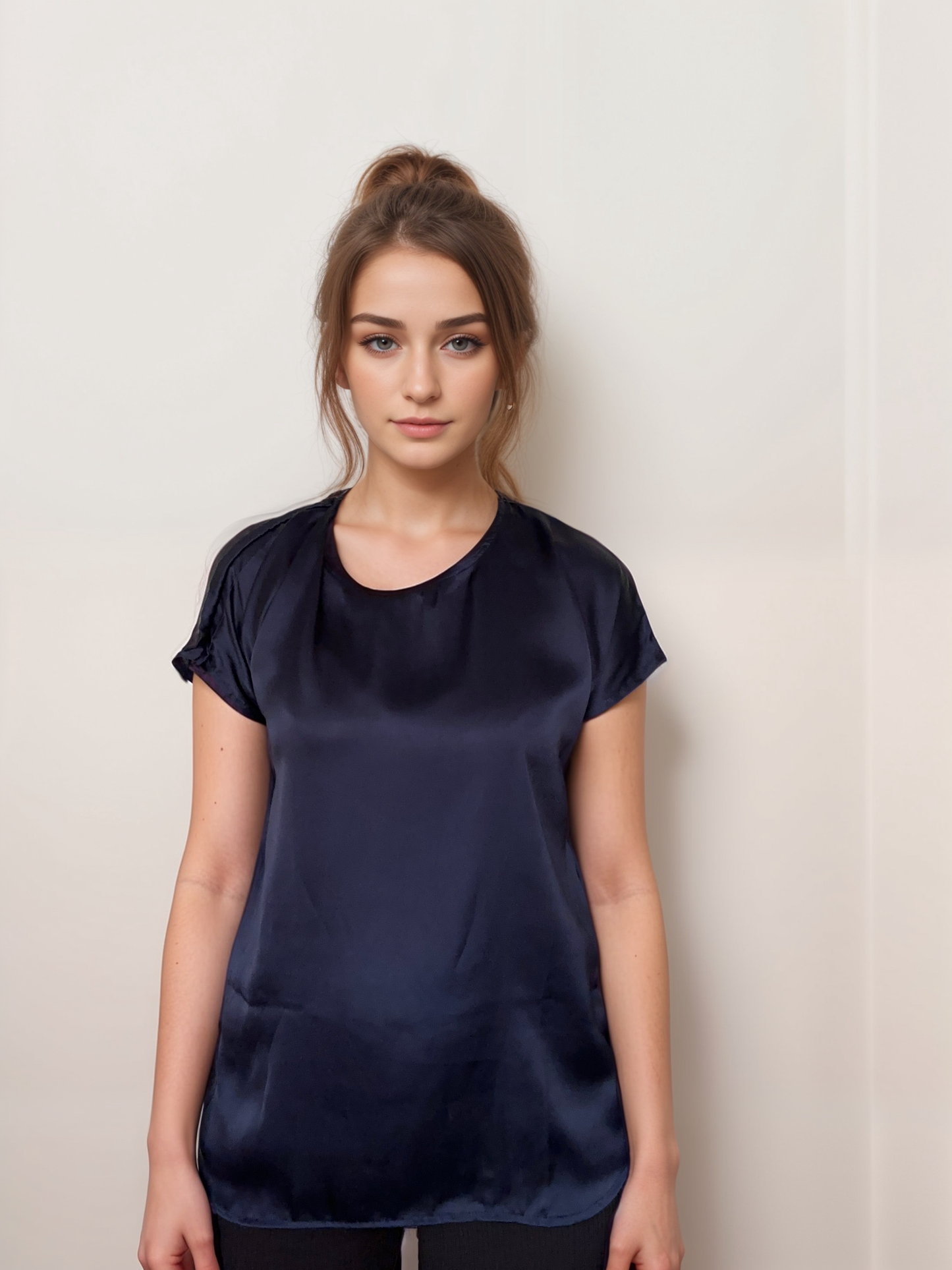 Women Formal Satin Royal Blue Short Sleeve Top