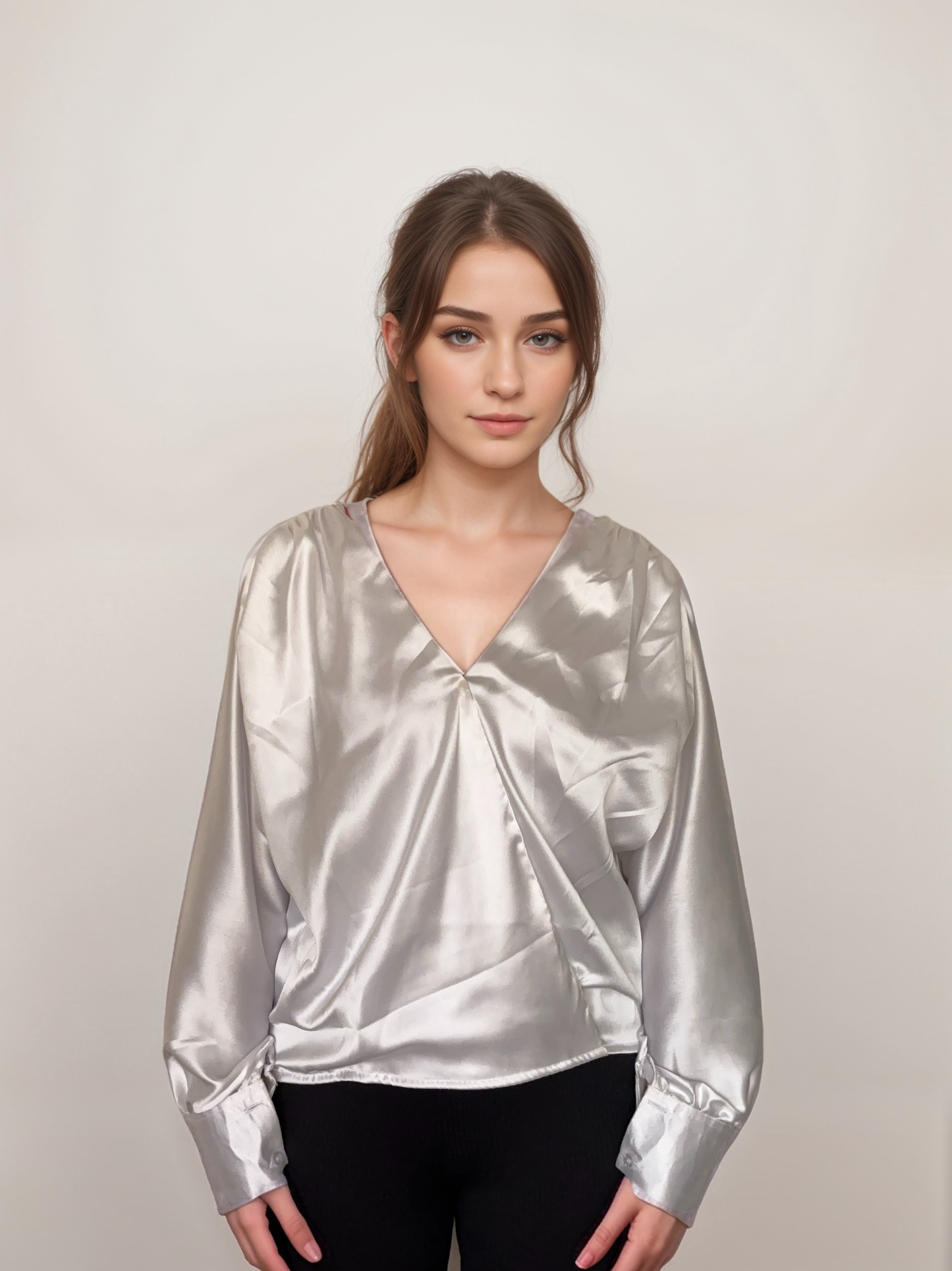 Women Formal Satin White V Neck Top