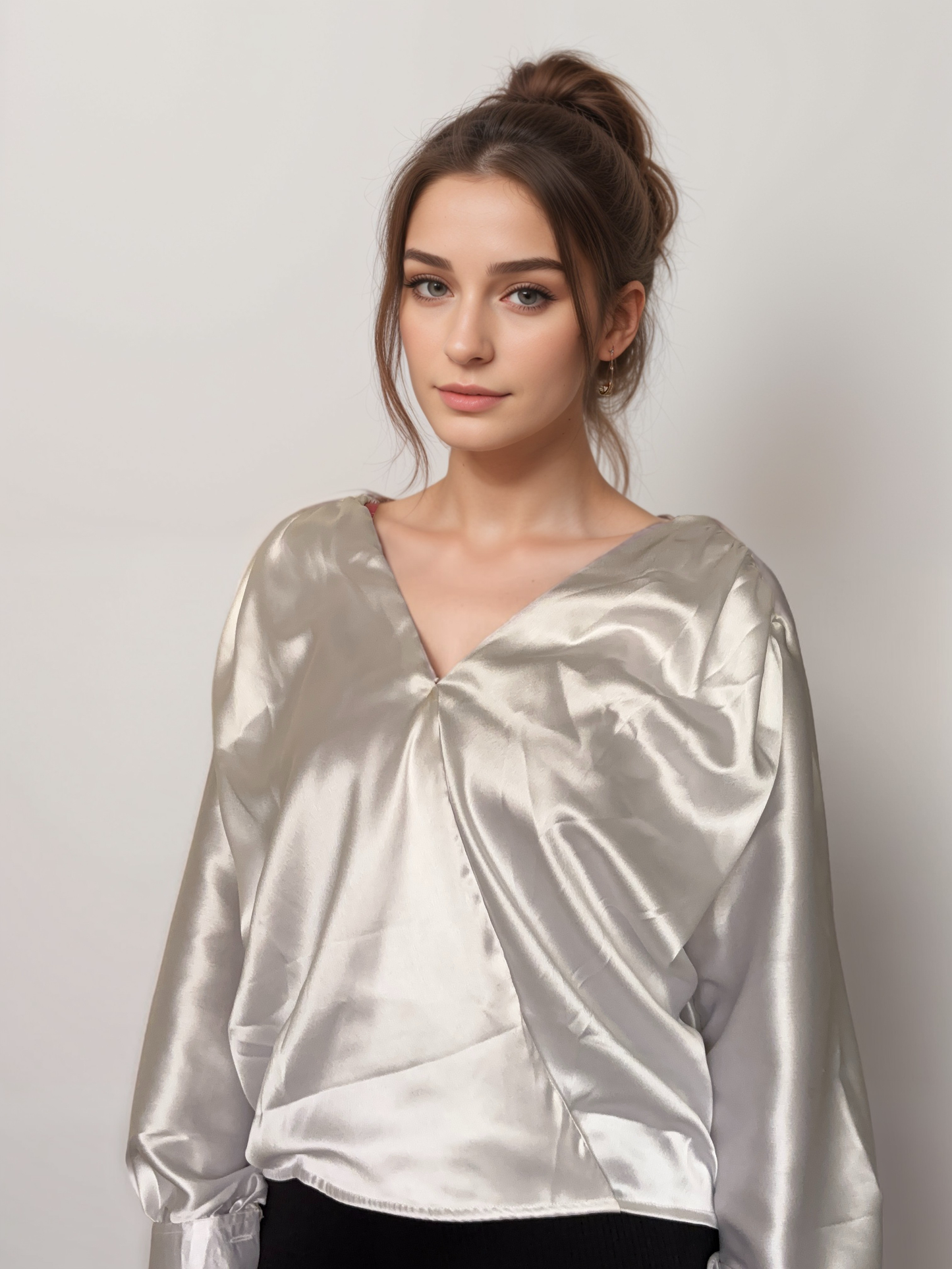 Women Formal Satin White V Neck Top